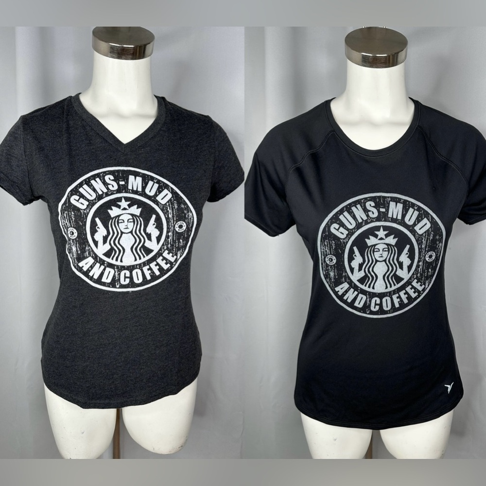 Lot of 2 Guns Mud And Coffee Women's Workout Active Shirts Tees Sz Med TEAM LEO
